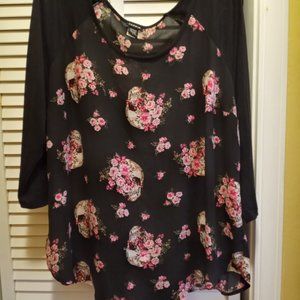 Torrid Black sheer top with skulls and roses